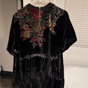 Free People Black Velvet Mini Dress with Floral Embroidery